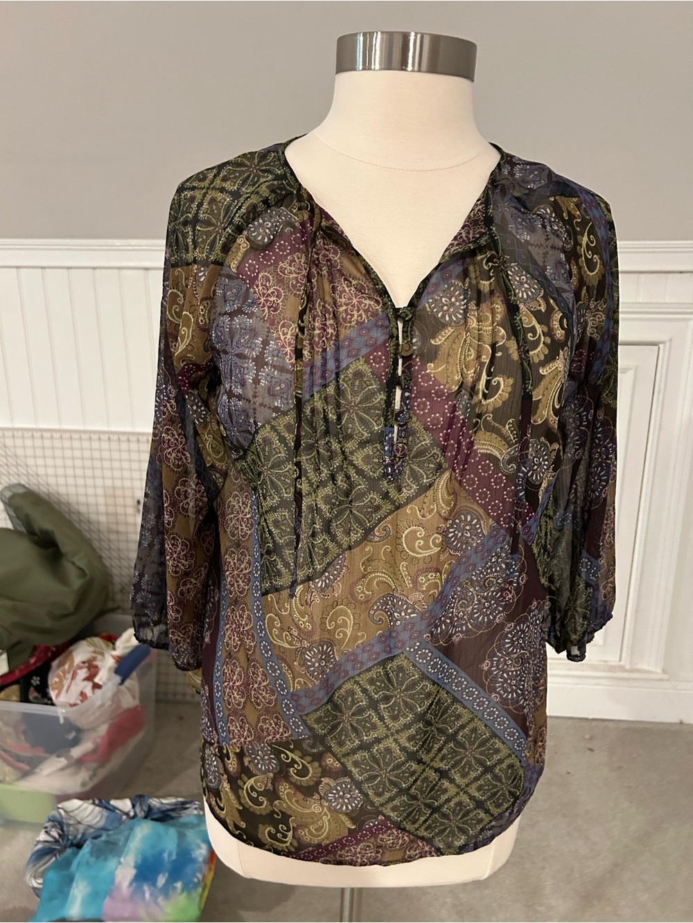 Liz Claiborne Olive and Multi Paisley Patchwork V-Neck Blouse